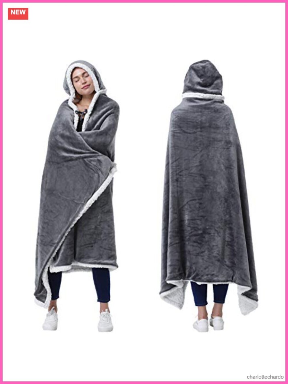 Sherpa Fleece Hooded Wearable Blanket Poncho with Hand Pockets